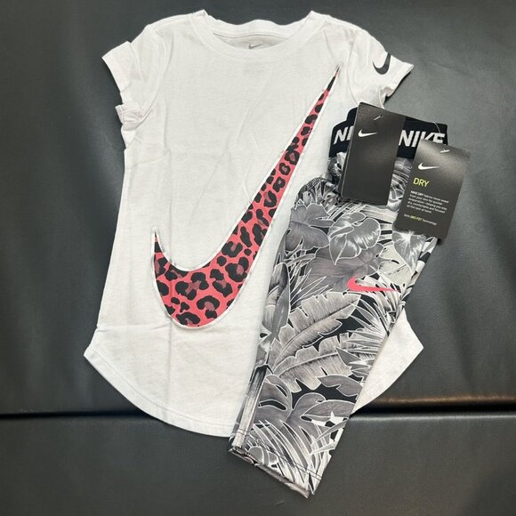 NWT Nike Leopard Print Tee & Leggings Set Girls Size 5 - Picture 1 of 3